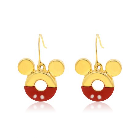 Wholesale Mickey Mouse Gold Earrings in Red - A close-up view of the wholesale Mickey Mouse gold earrings, showcasing the vibrant red epoxy detail and fish hook closure. Style JRE-030.