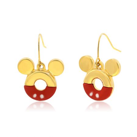 Detailed shot of the Mickey Mouse gold earrings with red epoxy.