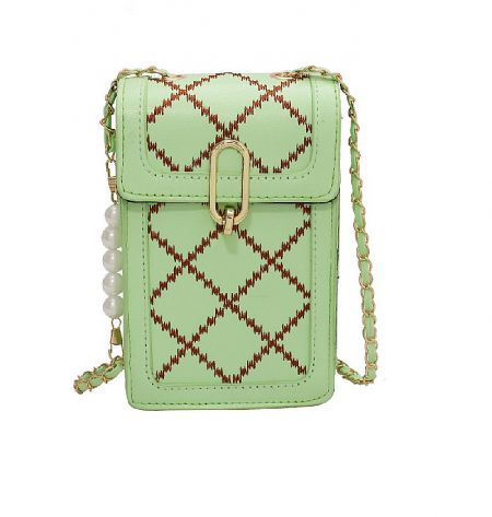 Cellphone Shoulder Bag - Stylish Cellphone Shoulder Bag in mint green PU leather featuring a classic diamond-stitched pattern and an elegant gold chain strap.