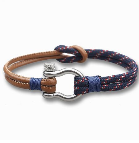 Nylon Polyester With PU Leather Rope Bracelet - A stylish men's rope bracelet combining durable nylon-polyester cord and PU leather, featuring a secure stainless steel clasp.