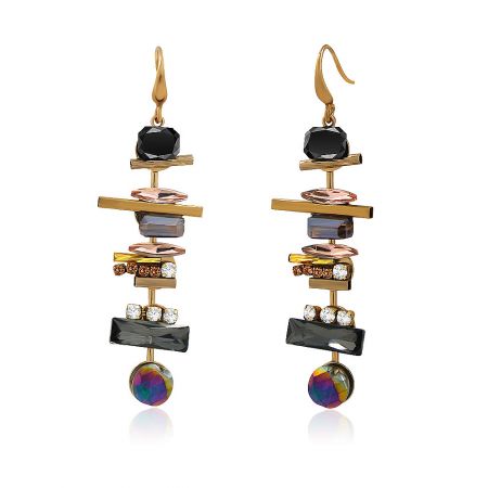 Side view of the modern abstract gemstone earrings, showcasing the mix of black, gold, and iridescent colors.