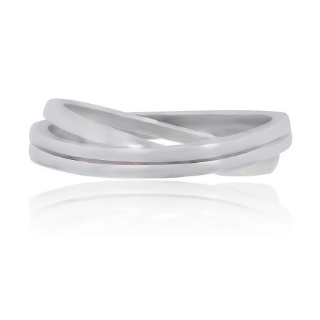The Interconnected Double Band Ring displayed on a modern white tray, highlighting its elegant design.