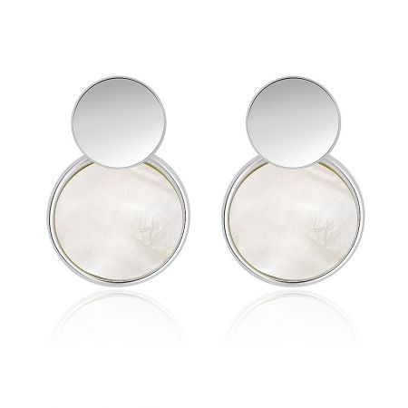 White Disc Shell Rhodium Plated Earrings - A pair of modern White Disc Shell Rhodium Plated Earrings, showcasing a minimalist two-part design with a lustrous mother-of-pearl disc.