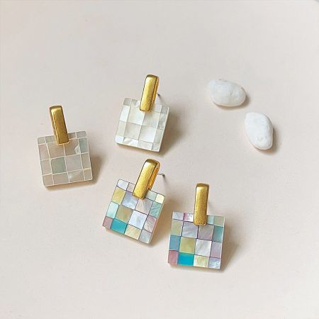 Multi-color Mosaic Inlaid Square Mother of Pearl Shell Stud Earrings (5 Pairs) - A collection of multi-color mosaic inlaid square mother of pearl shell stud earrings with gold posts, displayed on a white background.