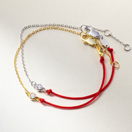 Minimalist Jewelry Wholesale 925 Silver Red String CZ Bracelet Set of 5 - A wholesale set of five minimalist bracelets featuring 925 sterling silver, gold chains, and red cords with cubic zirconia charms.