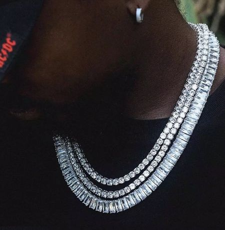 Detailed view of a multi-strand diamond tennis necklace, an example of custom iced-out jewelry.