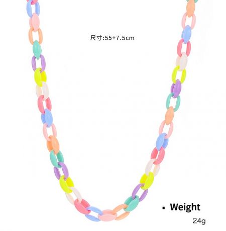 Detailed specifications of the multicolor acrylic chain necklace, showing its length of 55+7.5cm and weight of 24g.