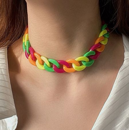 Rainbow Oversized Acrylic Chain Necklace - A vibrant Rainbow Oversized Acrylic Chain Necklace with chunky, multi-colored links and gold-plated hardware, displayed on a neutral background.