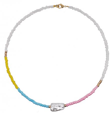 A detailed close-up of the multicolored beaded necklace, highlighting the craftsmanship and central clear bead.