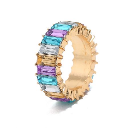 Top-down view of the multi-color eternity ring displaying the full spectrum of baguette gemstones.