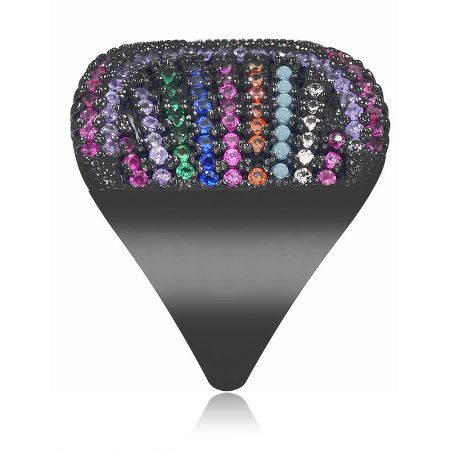 Summer Dazzle Multi Color Cocktail Ring - Front view of the Summer Dazzle Multi-Color Cocktail Ring, showcasing its black hematite plated band and vibrant, vertically arranged cubic zirconia gemstones.