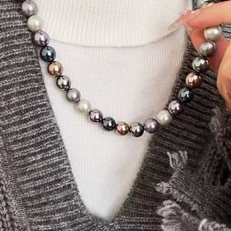 Morandi Color Glass Pearl Bead Chain Necklaces (Set of 5) - A stylish costume jewelry necklace featuring a strand of diverse, Morandi-colored glass pearls on a delicate brass chain.