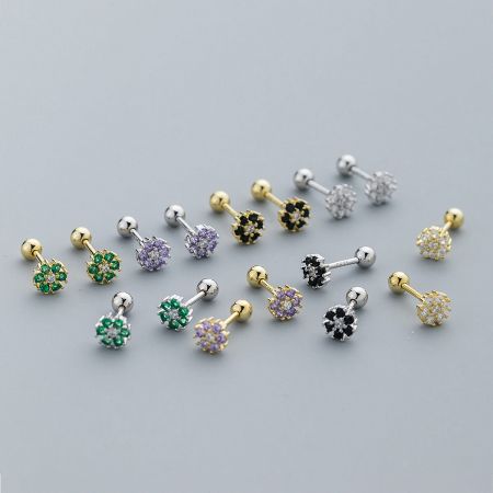 925 Sterling Silver Colorful Cubic Zirconia Flower Stud Earrings (Set of 5 Pairs) - A vibrant collection of 925 sterling silver flower stud earrings, showcasing various colorful cubic zirconia options in both silver and gold finishes.