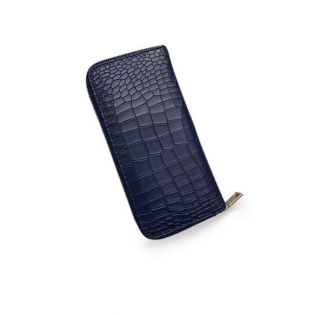 Angled perspective of the navy blue PU leather wallet, showcasing its sleek profile and texture.