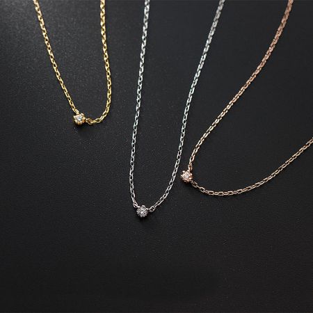 925 Silver Single Small CZ Stone Women Necklace Set of 5 - A set of five 925 sterling silver necklaces with a single CZ stone, displayed in silver, gold, and rose gold finishes.
