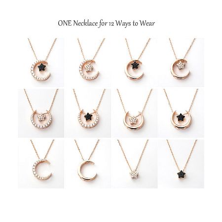 Wear It 12 Ways Necklace In Rhodium - A versatile rhodium-plated necklace with a crescent moon and star pendant, demonstrating 12 different ways to wear it.