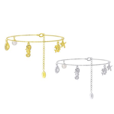 925 Sterling Silver Seahorse Starfish Shell Charm Bracelet Set of 5 - A pair of 925 sterling silver ocean-themed charm bracelets, one in a gold finish and one in a silver finish, displayed side-by-side.