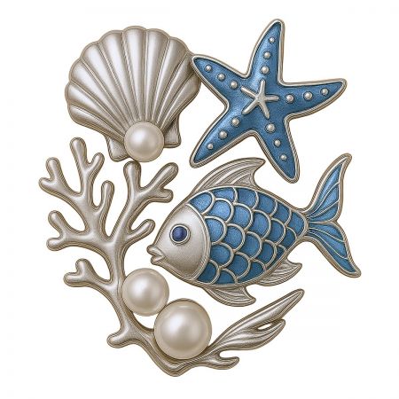 Nautical Brooch Collection - A beautiful assortment of ocean-inspired brooches from the Nautical Collection, featuring starfish, seashell, and fish designs with pearl and gemstone accents.