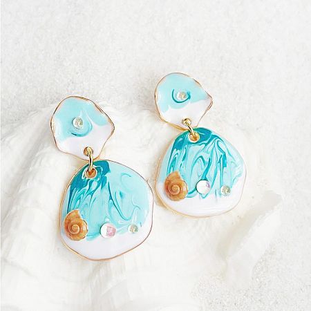 Ocean Beach Style 14k Gold Hand Painting Enamel Vacation Drop Earrings (5 Pairs) - A complete set of five pairs of ocean-beach style drop earrings, showcasing various designs with hand-painted enamel, seashells, and 14k gold accents on a white background.