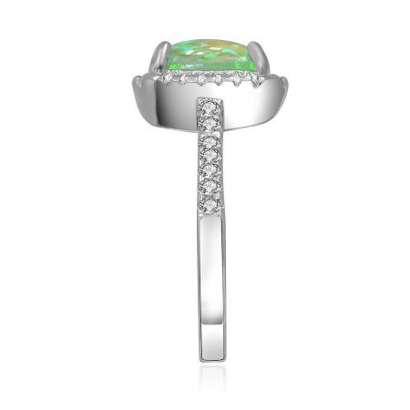 Angled view of the Green Opal Burst White Ring, displaying the vibrant colors of the opal glass and the brilliance of the surrounding cubic zirconia.