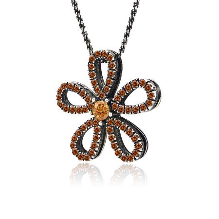 Angled view of the Long Red Daisy necklace, displaying its shine and craftsmanship.