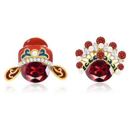 Wholesale Asymmetrical Opera Mask Earrings - A pair of wholesale asymmetrical opera mask earrings with intricate red, gold, and blue details, inspired by Chinese opera.