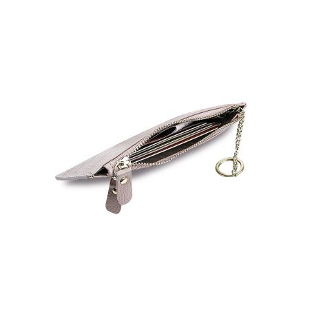 Versatile pale pink trifold wallet featuring multiple card slots and a gold chain.