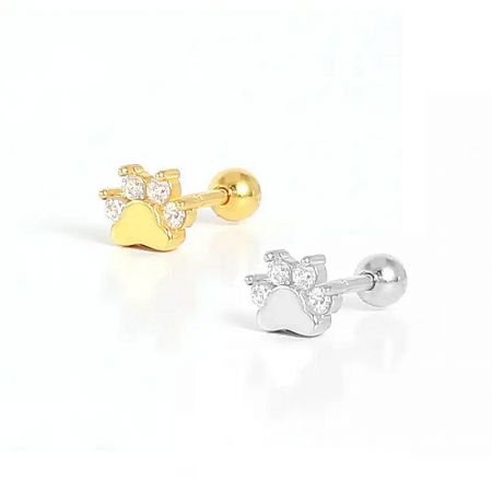 925 Sterling Silver Mini Paw Print CZ Stud Earrings - A pair of 925 sterling silver mini paw print stud earrings, one in a silver finish and one in a gold finish, both intricately set with sparkling cubic zirconia stones on a clean white background.