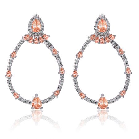 Tears O Joy Cubic Zirconia Teardrop Earring - Front view of the Tears O Joy Earring, showcasing the elegant teardrop design with peach gemstones and sparkling cubic zirconia on a rhodium-plated hoop.