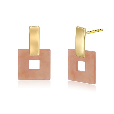 Detailed view of the Tortoise Shell Acrylic Earring, highlighting the square shape with a central cutout and the contrast between the pink resin and gold plating.