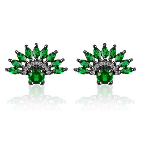 Emerald Fan Studs - A pair of Emerald Fan Studs with a peacock-inspired design, featuring emerald green glass stones and white cubic zirconia set in hematite-plated brass.