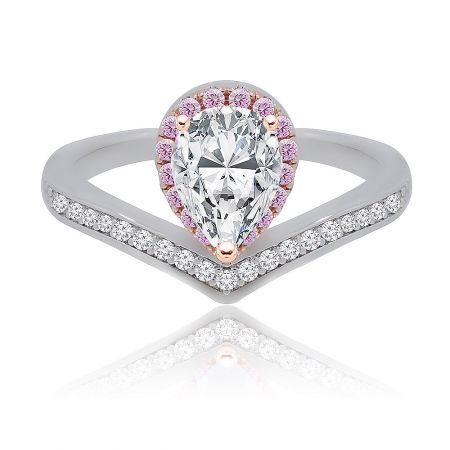 Drop Shape Gemstone Yours Truly Ring - A close-up of the Drop Shape Gemstone Yours Truly Ring, showcasing its pear-shaped cubic zirconia center stone and two-tone rhodium and rose gold plated band.