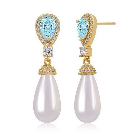 Detailed close-up of the dangle earring, showing the pear-shaped light blue gemstone and lustrous pearl.