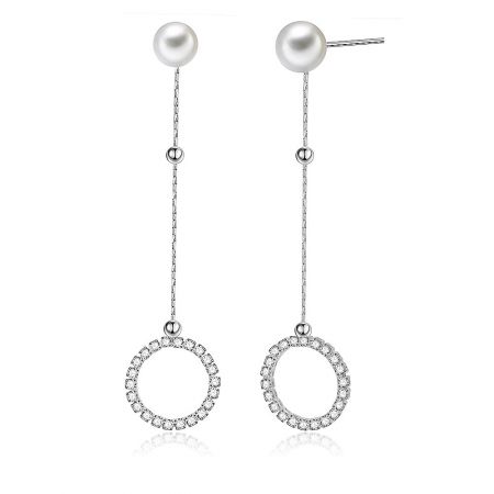 Side profile of the First Dance Pearl Drop Earrings, displaying the full length and elegant drop design with pearl and CZ elements.