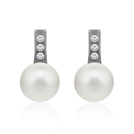 8.5MM Shell Pearl Earrings - A close-up view of the 8.5MM Shell Pearl Earrings, showcasing the lustrous white pearl and the sparkling cubic zirconia accents on the rhodium-plated setting.