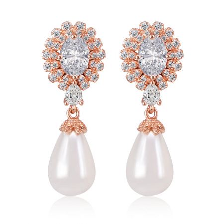 Dangle With Teardrop Pearl Earrings - A pair of Dangle with Teardrop Pearl earrings in a rose gold setting, featuring sparkling cubic zirconia and an elegant shell pearl, displayed on a white background.