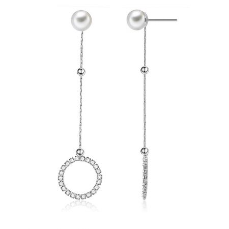 Close-up view of the First Dance Pearl Drop Earrings, highlighting the intricate details of the cubic zirconia stones and pearl.