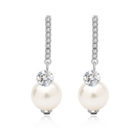 Pearl Drop CZ Dangle Earrings - Close-up of elegant Pearl Drop CZ Dangle Earrings, featuring a lustrous white pearl and sparkling cubic zirconia set in rhodium-plated metal.