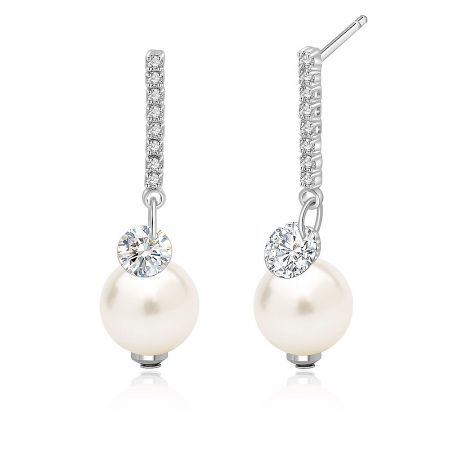 A pair of Pearl and Cubic Zirconia Dangle Earrings displayed to highlight their elegant drop design and brilliant shine.