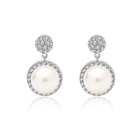 Round CZ 8mm Pearl Drop Earrings - Close-up of elegant Round CZ 8mm Pearl Drop Earrings, showcasing the brilliant cubic zirconia halo surrounding a lustrous white pearl, set in a rhodium-plated finish.