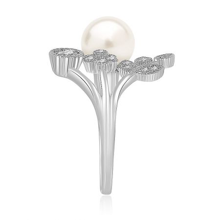 Close-up detail of the Pearl Allure Ring, highlighting the craftsmanship of the pearl and cubic zirconia settings.