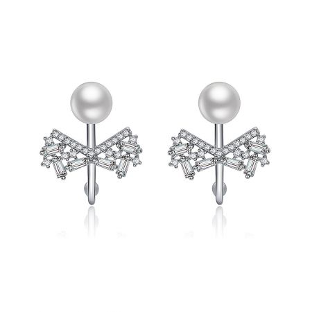 Hook Pearl CZ Bow Earrings - Elegant Hook Pearl CZ Bow Earrings with a rhodium-plated brass base, featuring a delicate bow design adorned with sparkling white cubic zirconia and a classic white pearl.