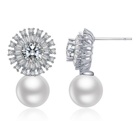 Angled shot of the Rhodium Flower Pearl Earrings, displaying the rhodium-plated finish and post closure.