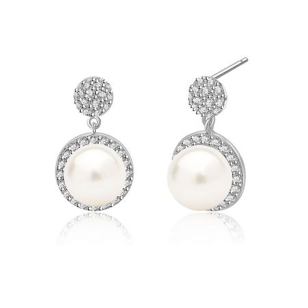 A pair of pearl and diamond drop earrings displayed to highlight their sparkle and elegant design.