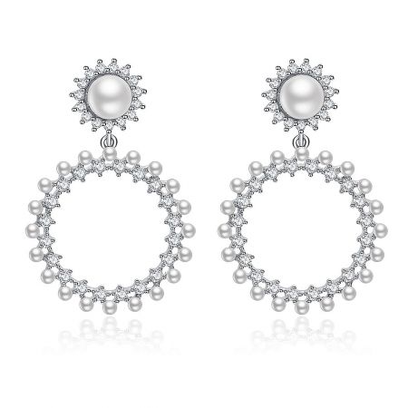 Show Love Long Round Studs Earring - A pair of Show Love Long Round Studs Earrings with a sunburst design, featuring pearls and cubic zirconia in a rhodium-plated setting.