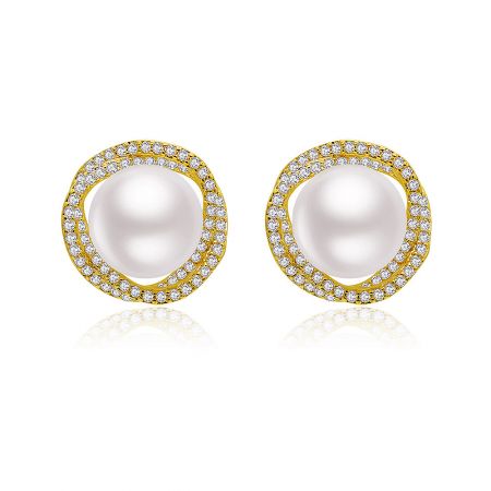 Floral Pave Imitation Pearl Button Earrings - A pair of Floral Pave Imitation Pearl Button Earrings, showcasing a central white pearl surrounded by sparkling cubic zirconia stones in a gold-plated floral setting.