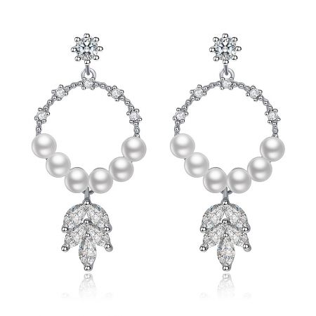 Chandelier Leaf Pearl Drop Earrings with Cubic Zirconia - Chandelier Leaf Pearl Drop Earrings featuring a delicate leaf filigree pendant with sparkling cubic zirconia and a lustrous white pearl, rhodium plated.