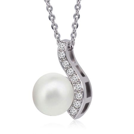 Detailed view of the pearl and cubic zirconia pendant on the Curved Wave necklace, highlighting its intricate design.