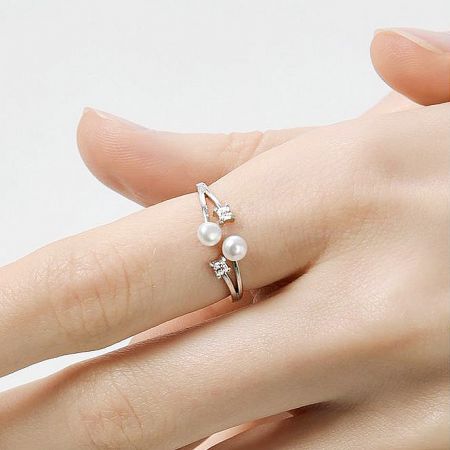 925 Sterling Silver Double Pearl with CZ Open Ring Set of 5 - A close-up of the 925 sterling silver open ring featuring two lustrous pearls and sparkling cubic zirconia stones.