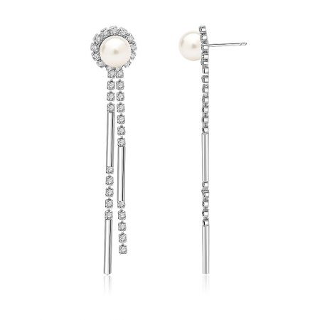 Side view of the pearl and chain drop earrings, highlighting the modern and sophisticated silver design.